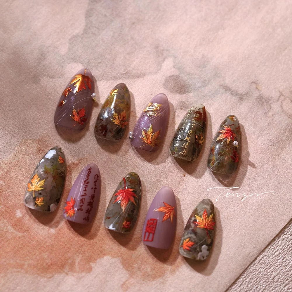 5D geprägte Gelee Ahornblatt Nail Art Aufkleber Gold Rot Herbst Ahornblätter Nagelaufkleber selbstklebende Herbstblatt Nail Art Sliders – Detail 2
