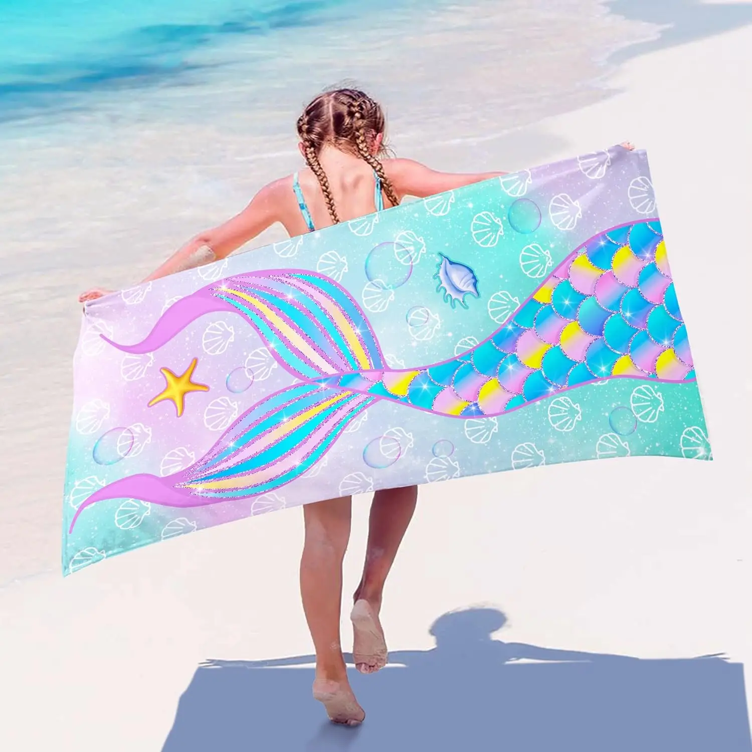 Mermaid Beach Towel 31.5x63 Inch Colorful Tail with Shells Starfish Print Quick Dry Soft Microfiber Bath Towel for Girls Kids