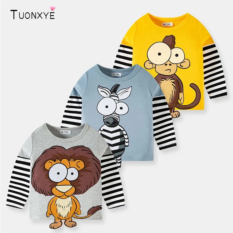 TUONXYE Boys Children's T-shirts Cartoon Cute Animal Pattern Stripe Shirts Casual Crew Neck for Long Sleeve Top Clothes 2-9