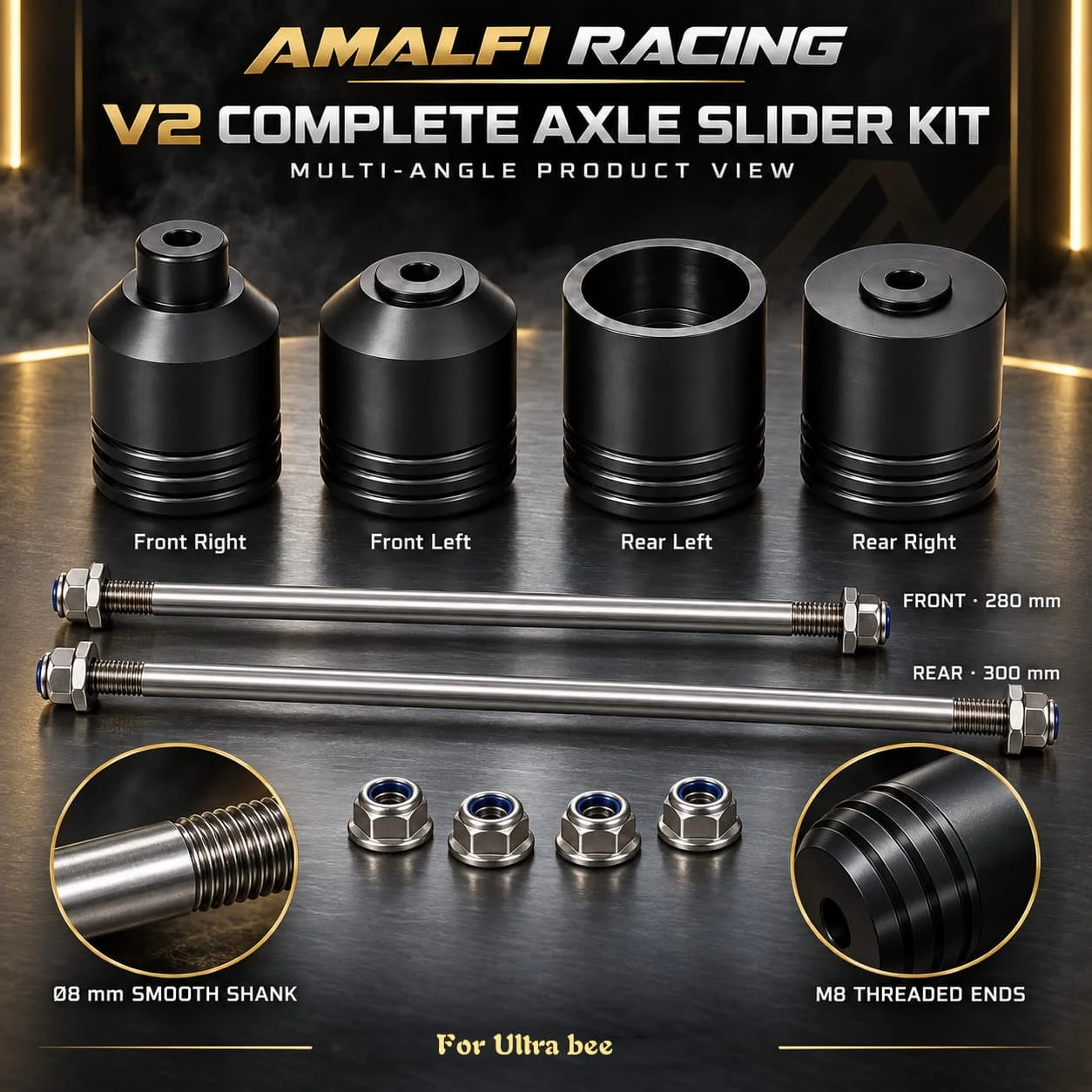 AMALFI RACING V2 Front & Rear Axle Slider Kit for Ultra Bee CNC POM Wheel Crash Protectors with M8 Through Rods