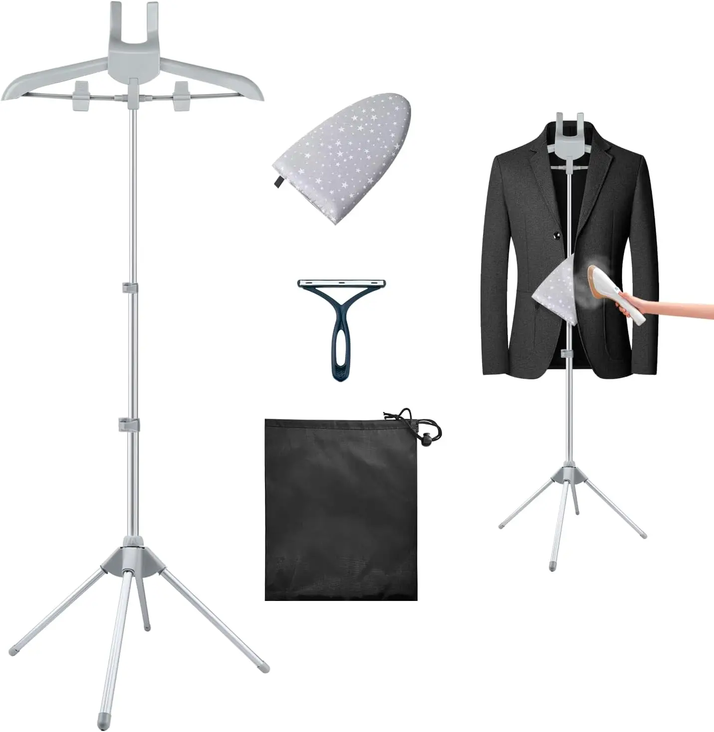 

Foldable Garment Steamer Hanger with Ironing Gloves, Adjustable Rack, Lint Remover & Storage Bag – Portable for Travel and Home