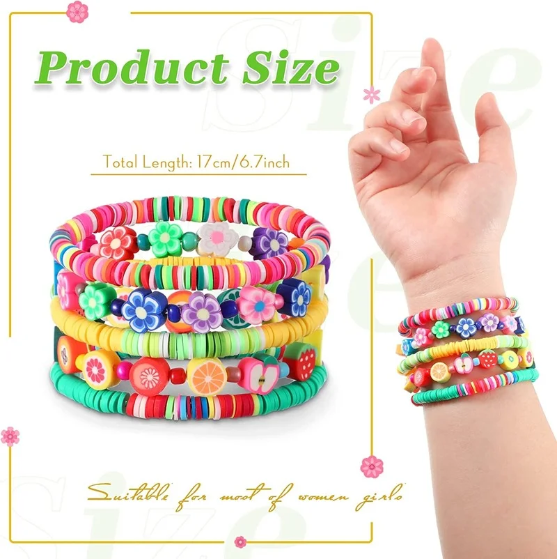 23Pcs Beaded Stretch Bracelets Clay Fruit Flower Preppy Bracelet Rainbow Stack Heishi Beaded Bracelets