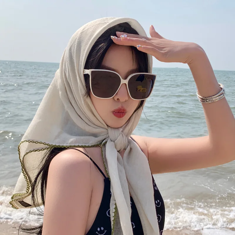 Solid Color Large Square Scarf 90cm – Cotton Linen Women's Head Wrap, Lightweight Shawl, Sun Protection Wrap, Sheer Outer Scarf