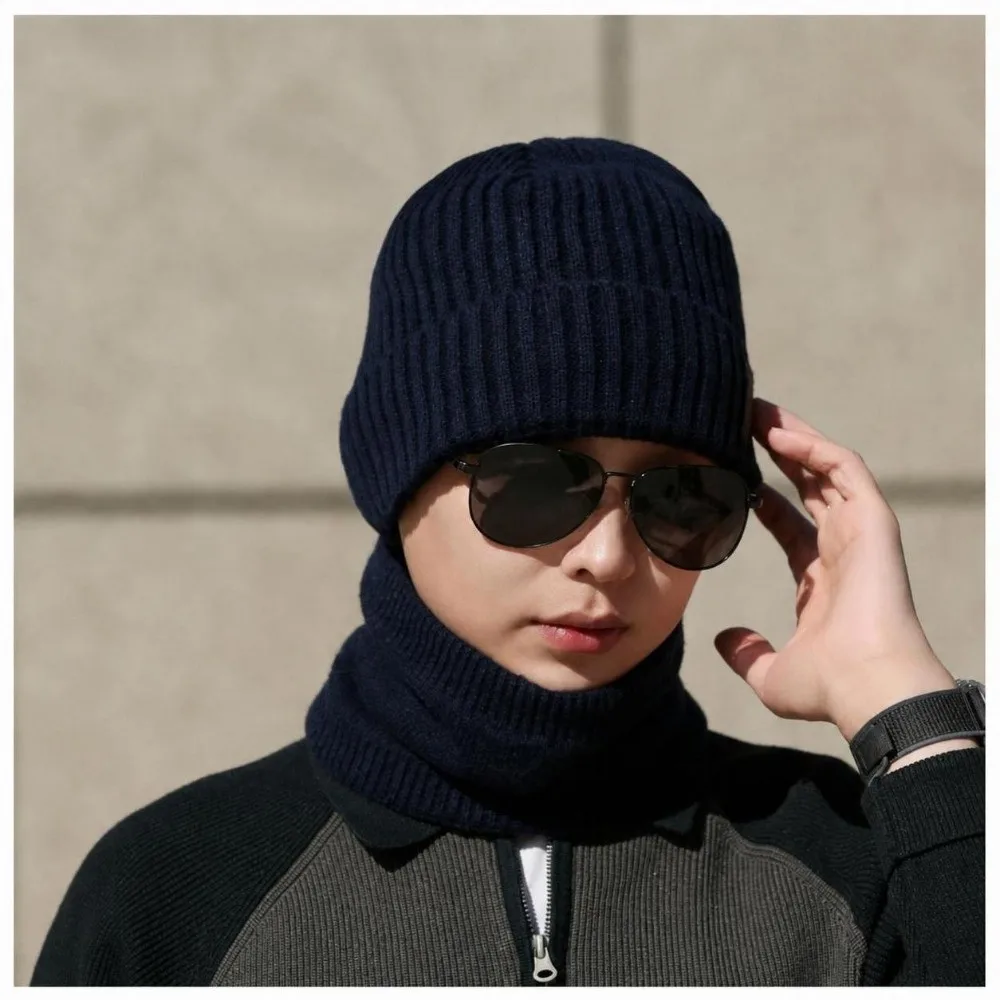 Solid Color Winter Beanie Hat Scarf Windproof Thick Velvet Lining Knitted Cap Scarf Set Warm Soft Large Brim Beanie For Adults