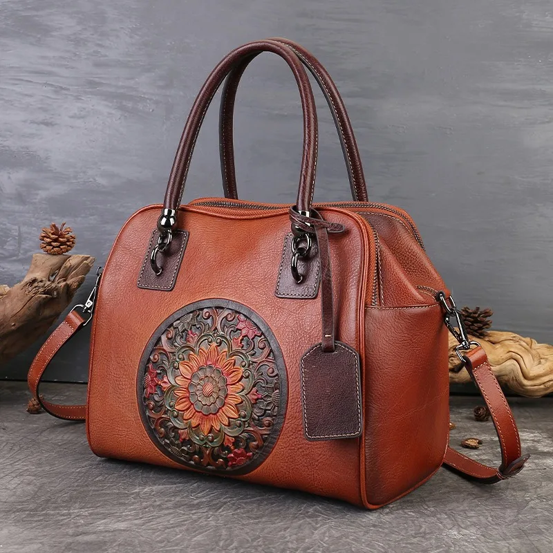 Nesitu Highend Vintage Black Coffee Red Brown Flower Genuine Leather Women Handbag Cowhide Shoulder Messenger Bag Tote M3772