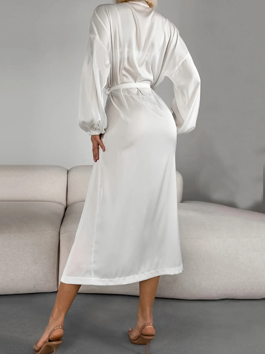 Marthaqiqi White Ladies Sleepwear Sexy V-Neck Bathrobe Long Sleeve Nightwear Lace Up Nightgowns Ankle-Length Dress Home Clothes