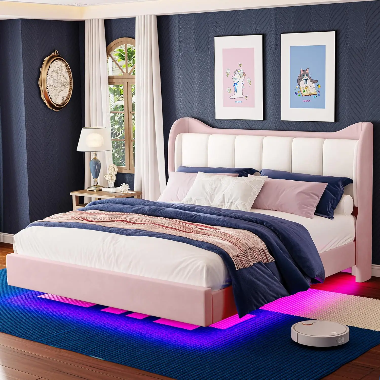 

King Bed Frame With Headboard, Velvet Upholstered Platform Bed With Led Light, Solid Wood Slats Support, No Box Spring Needed,
