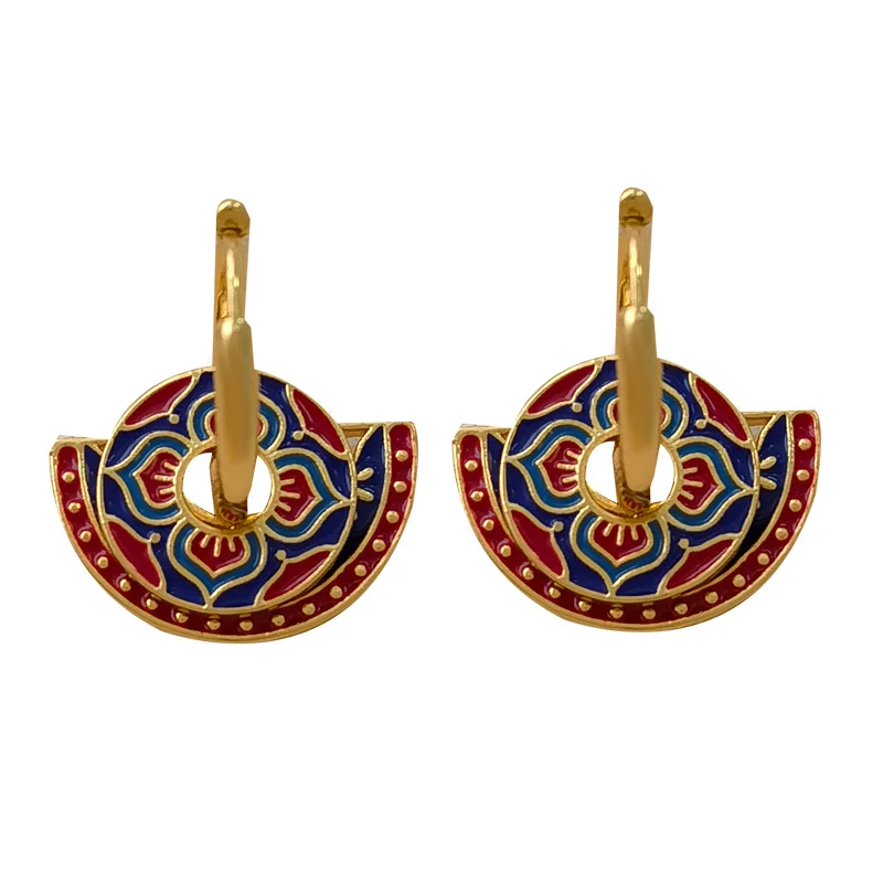 Fashion Jewelry Vintage Temperament Splicing Color Buckle With Enamel Drop Earrings For Girl Women Popular Ear Accessories