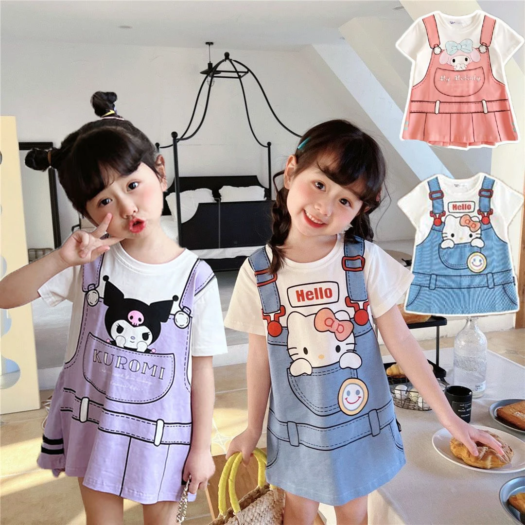 

Anime Sanrio Hello Kitty Children's T-Shirt Kawaii Kuromi My Melody Girls Summer Cartoon Printing Short-Sleeved T-Shirt Dresses