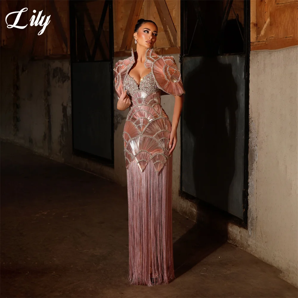 Lily Rose Gold Prom Dresses Stand Collar 3D Fan Shape Evening Dress Fringe Mermaid Party Dress Luxury Robe De Soirée Customized