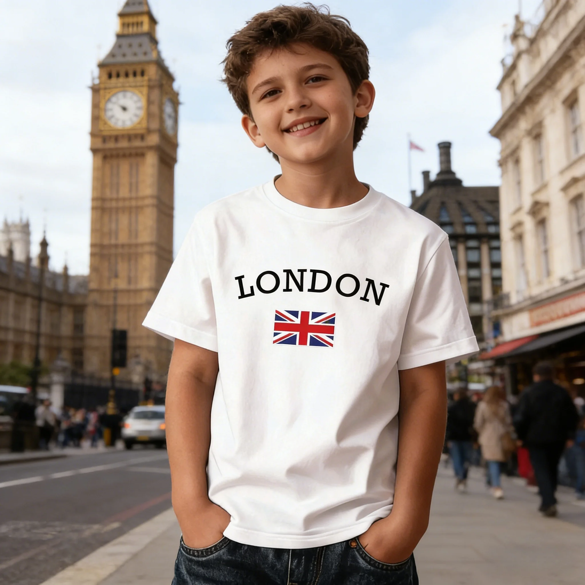 UK Flag Pattern Round Neck Loose Kids T-Shirt Cotton Short Sleeve Machine Washable for Play Casual Sports Outdoor Daily