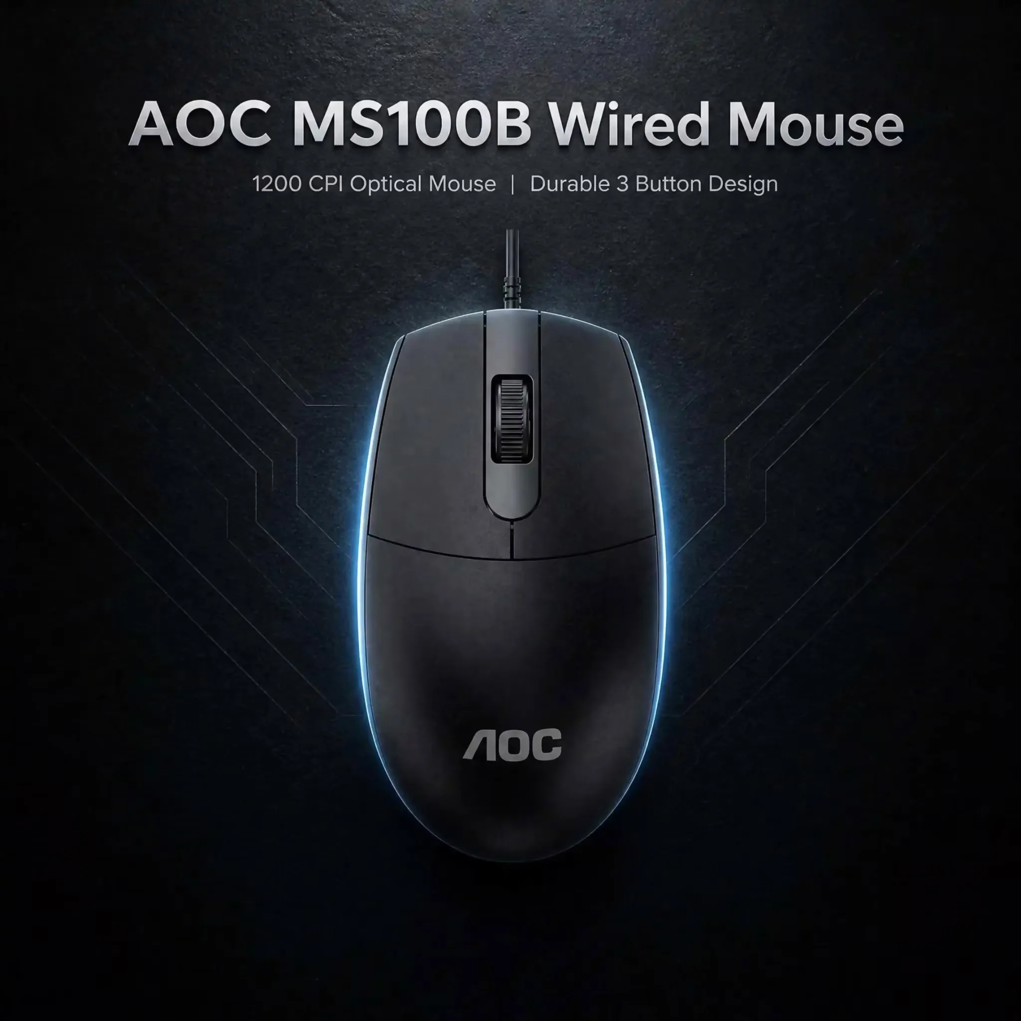 AOC MS100B ergonomische optische muis met kabel, lichtgewicht behuizing van 70 g, hoge gevoeligheid van 1200 CPI, zonder RGB-verlichting, USB-interface.