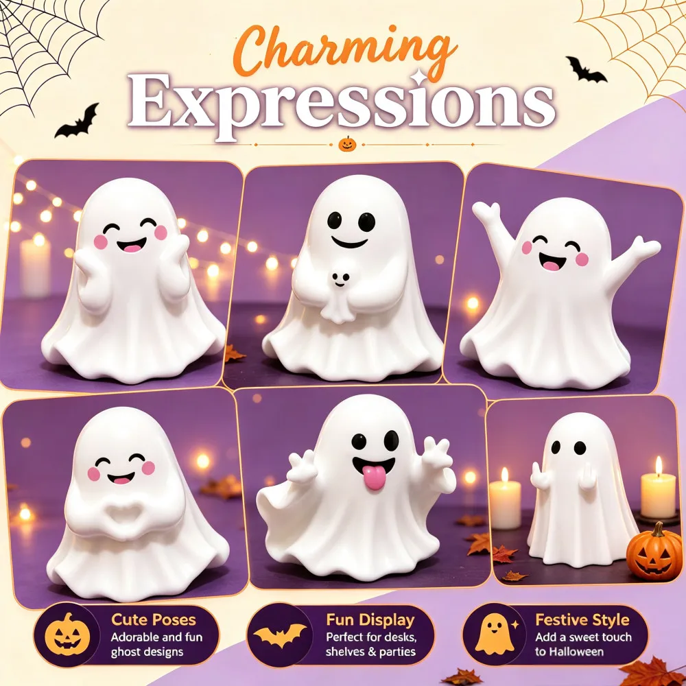 Niedliche Halloween-Geisterfiguren, Lustige Gesichts-Miniaturstatue für den Schreibtisch, Dekoration für Zuhause, Regal, Auto, Tisch, Geschenk für Feiertagspartys – Detail 3