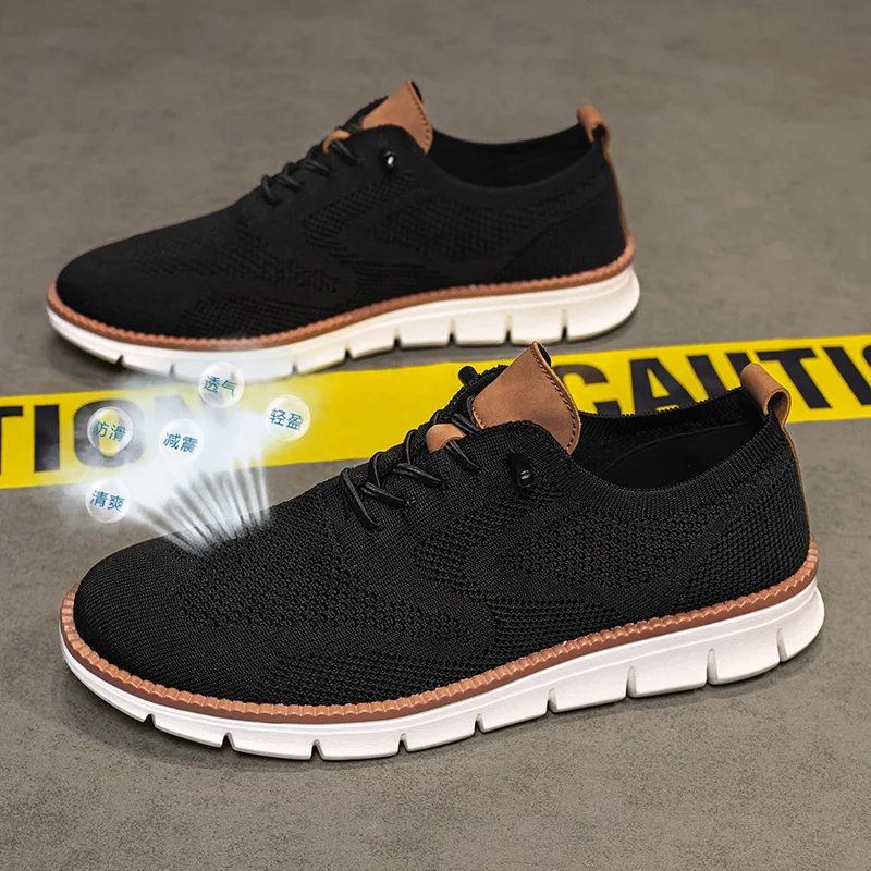Men's Knitted Upper Casual Shoes Breathable Soft Sole Business Leisure Sneakers Non-slip Walking Shoes for Daily Commute