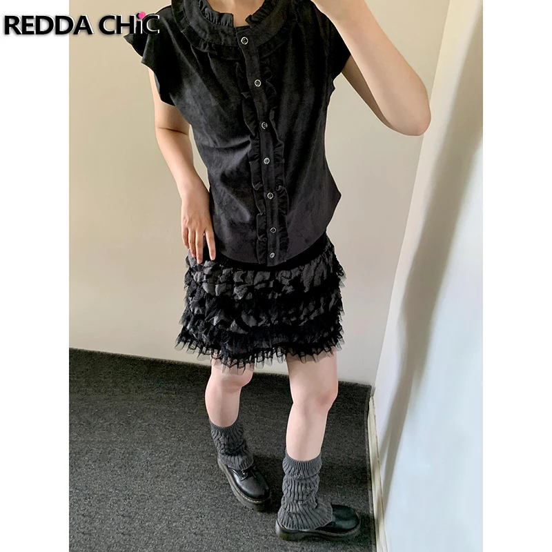 

ReddaChic Elastic Waist Black Cake Skirt Women Summer Casual Irregular Frayed Stitch Lace Trim Mini Skirt Acubi Fashion Clothes