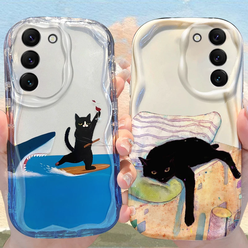 Lazy Black Cat Case for Samsung Galaxy S25 S24 S23 S22 S21 Ultra Plus S20 FE A73 A72 A71 A56 A55 A54 5G A52 A52S A51 4G Cover