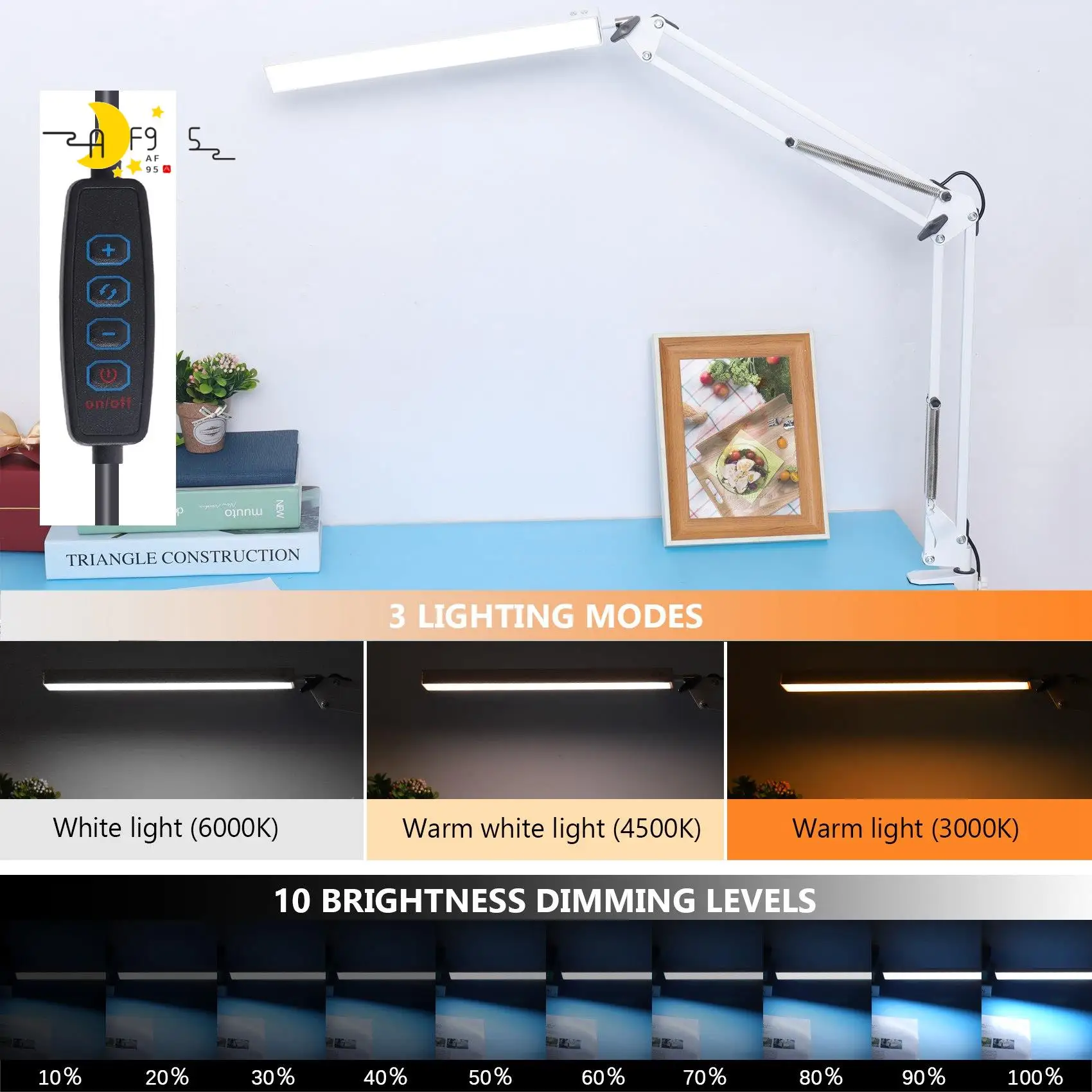 

AF95-LED Desk Lamp With Clamp, 10W Swing Arm Desk Lamp, 3 Lighting Modes, Adjustable Table Lamp For Study, Drawing,Office