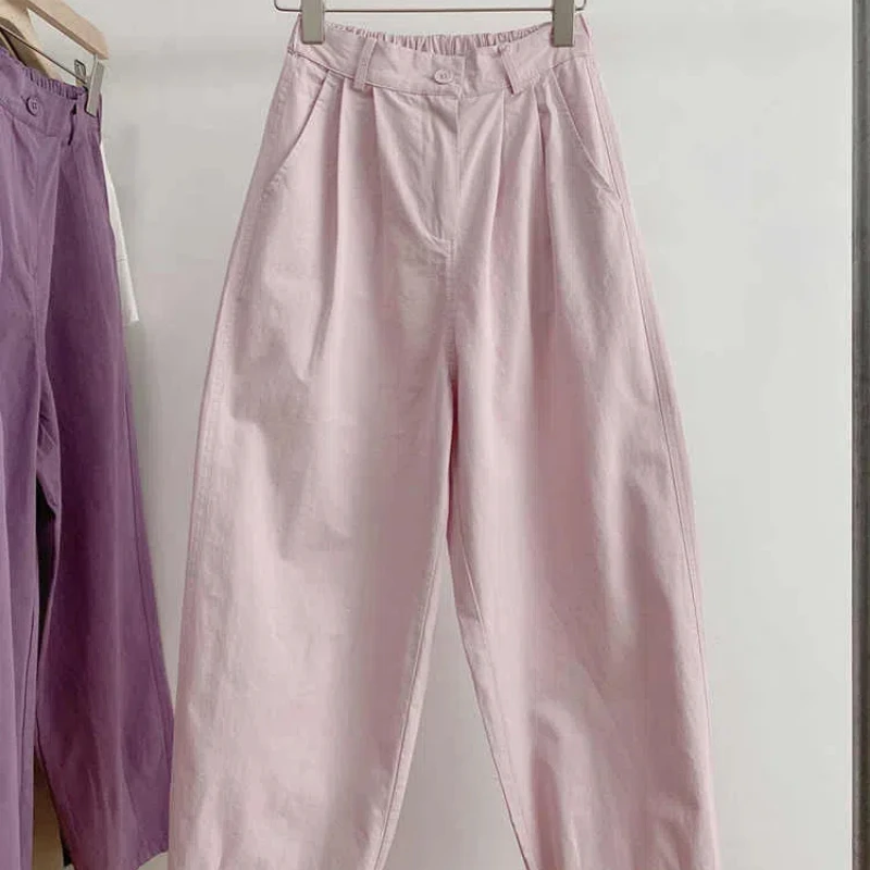 Pantalones elásticos de algodón y lino para mujer, pantalón informal de pierna ancha, de tubo recto, de cintura alta, Color liso, para verano, 2024