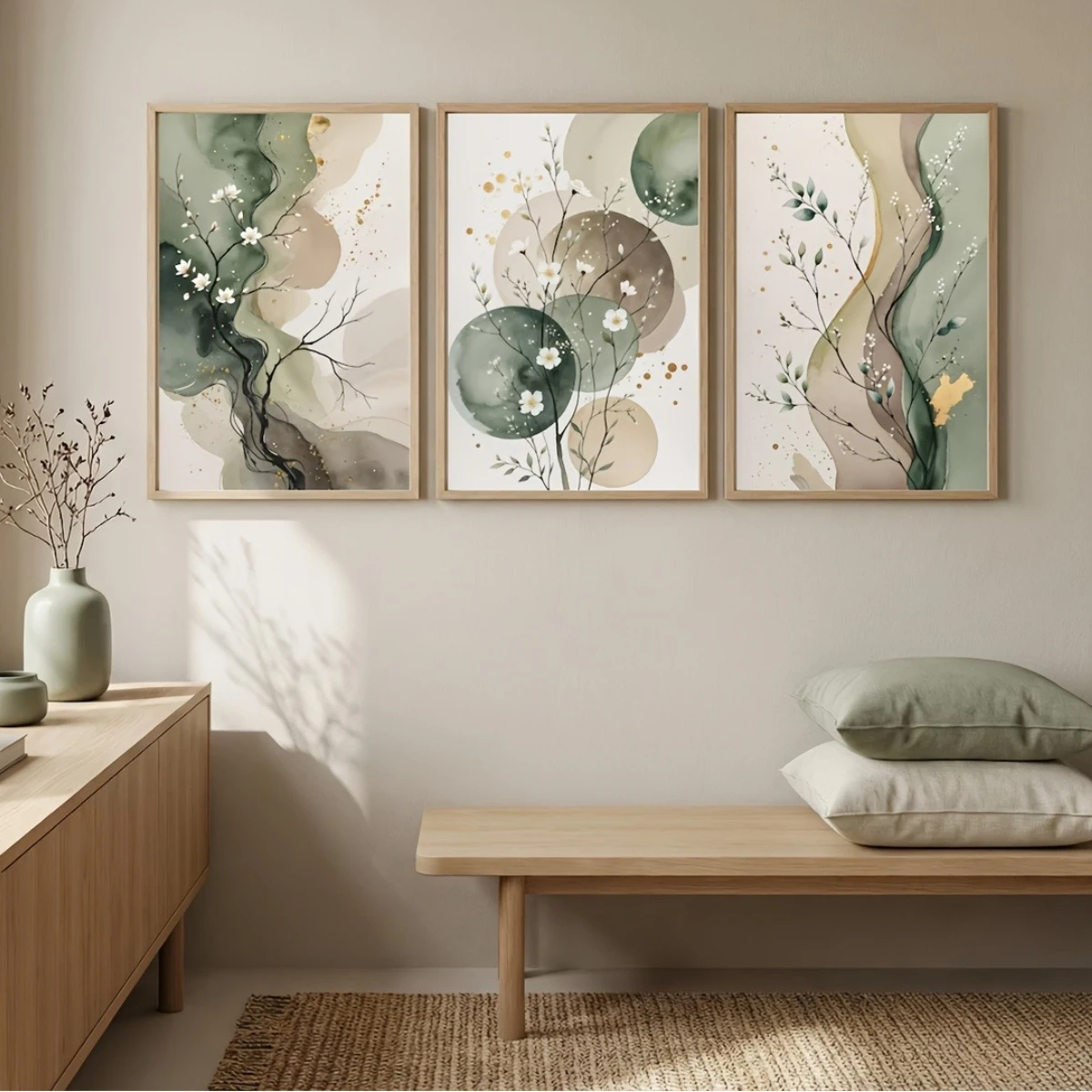 3-teiliges Set Japandi Salbeigrüne Abstrakte Blumen-Leinwanddrucke Poster Moderne Botanische Kunstdrucke Schlafzimmer Wandkunst Heim-Dekor Poster