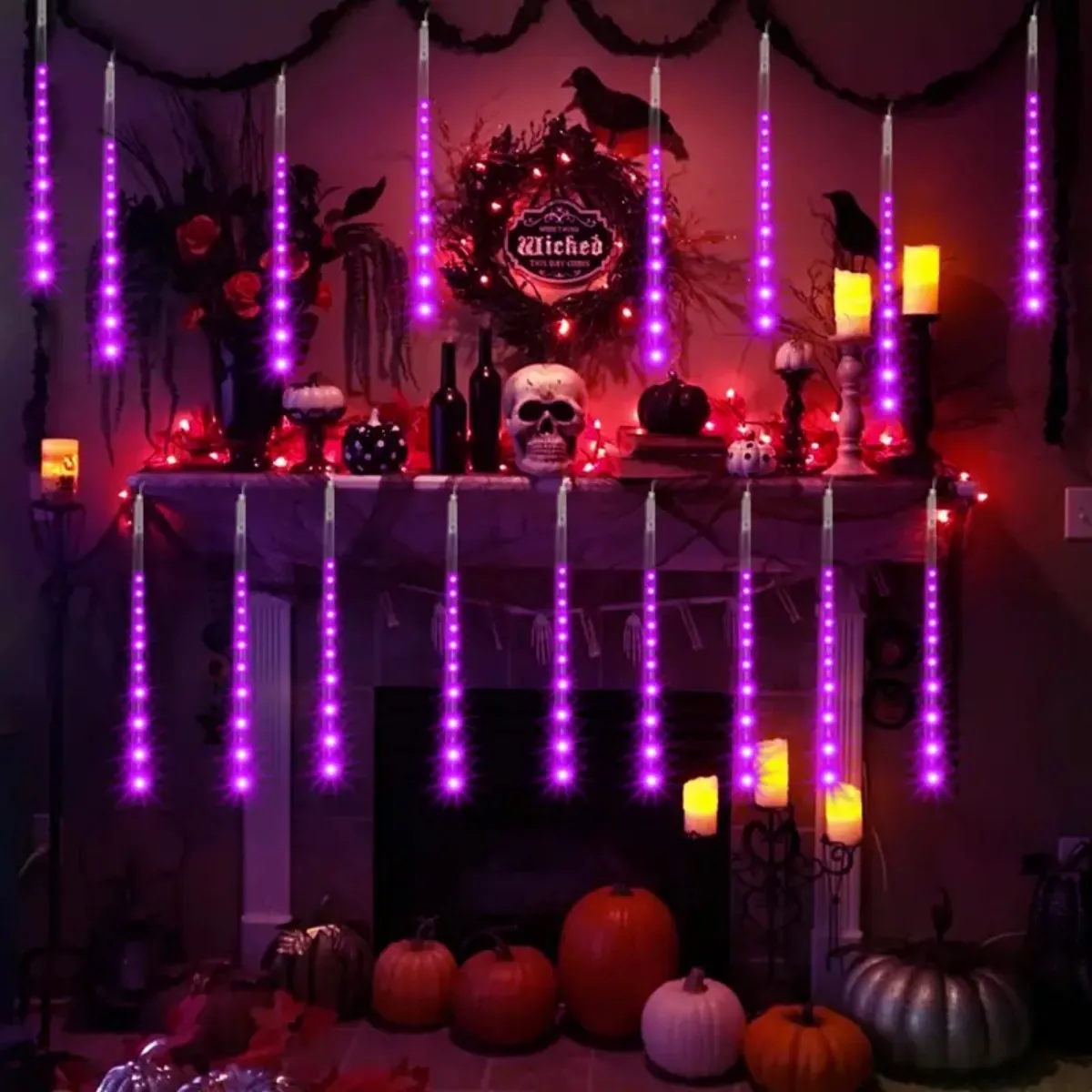 1PC Meteor Shower Rain String Lights Solar Powered Halloween Atmosphere Waterproof Drop Icicle Light Suitable For Holiday Decor