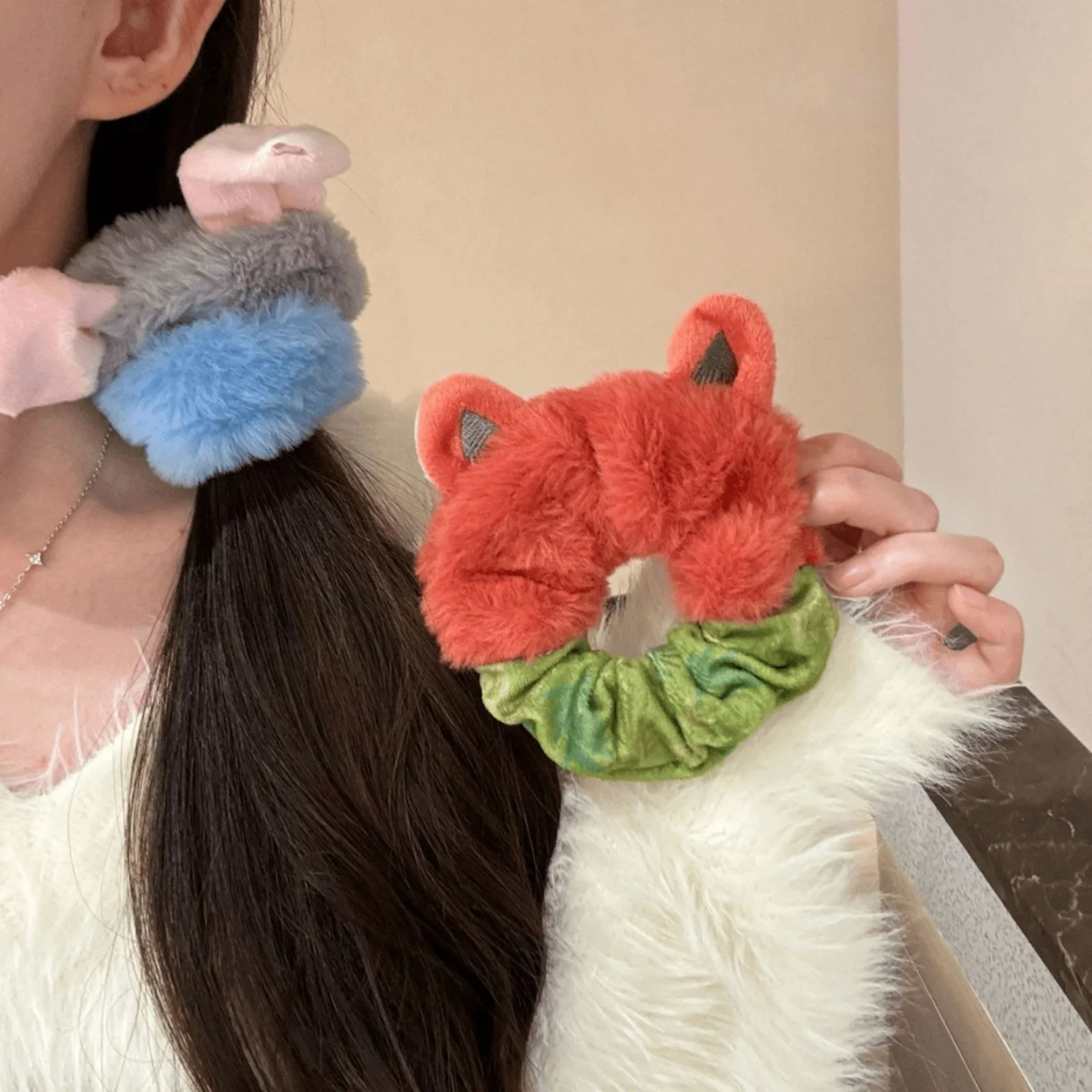 1/2PC Crazy Animal City Theme Plush Scrunchie Set, Fox Rabbit Hair Ties, Cute Cartoon Hair Accessories, Stylish Party Hair Decor image 2