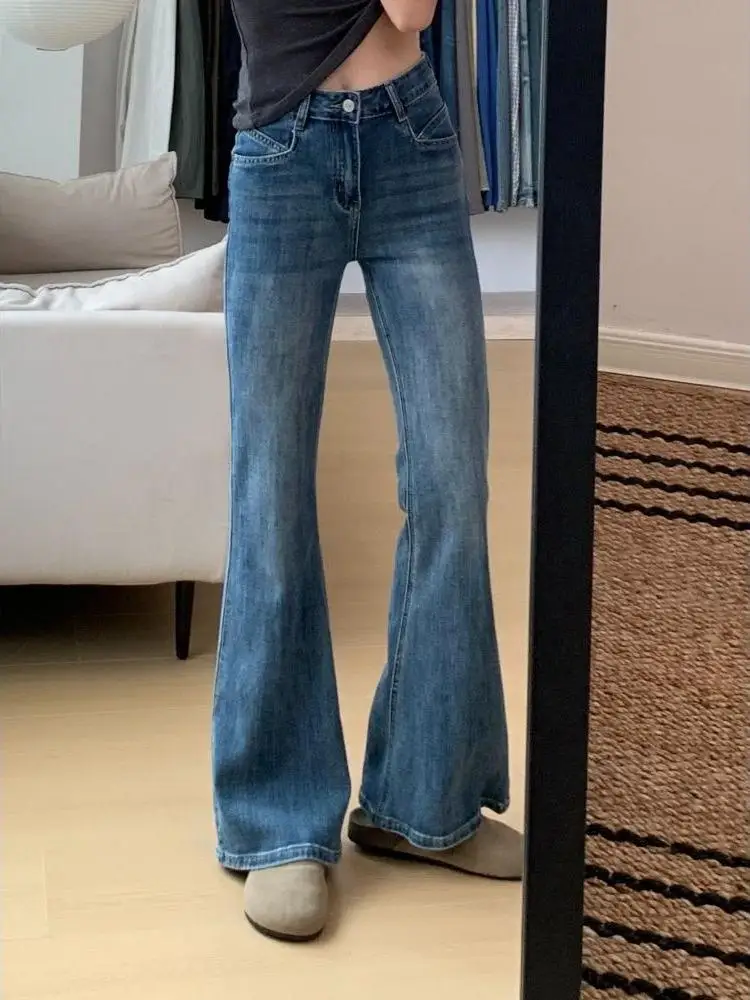 

Ретро-джинсы с высокой талией и расклешенным низом в американском стиле, женские, осенне-зимние, новые, эластичные, свободного кроя, джинсовые брюки, модный синий цвет
