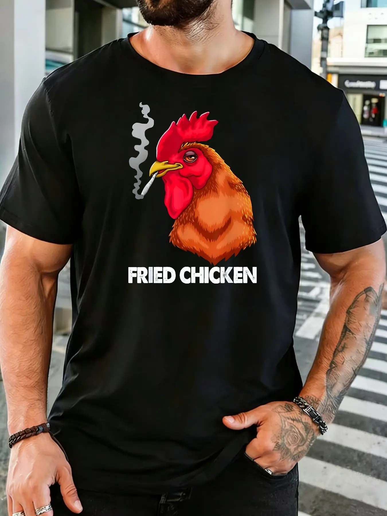 Male Bright Blue Round Neck T Shirt Cool Rooster With Cigarette Smoke Fried Chicken Slogan Funny Humor Daily Cotton Tee