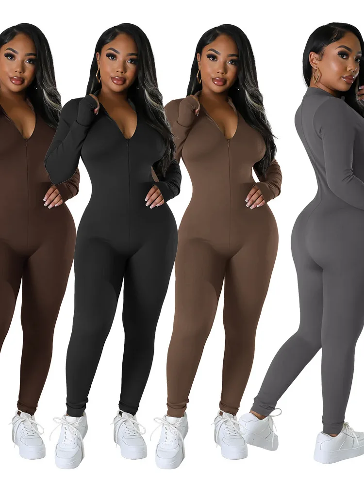 

Casual Slim Fit Zipper Sports Jumpsuit Comfortable Long Pants mid Waist Thiened Fabric Women's One-Piece Suits