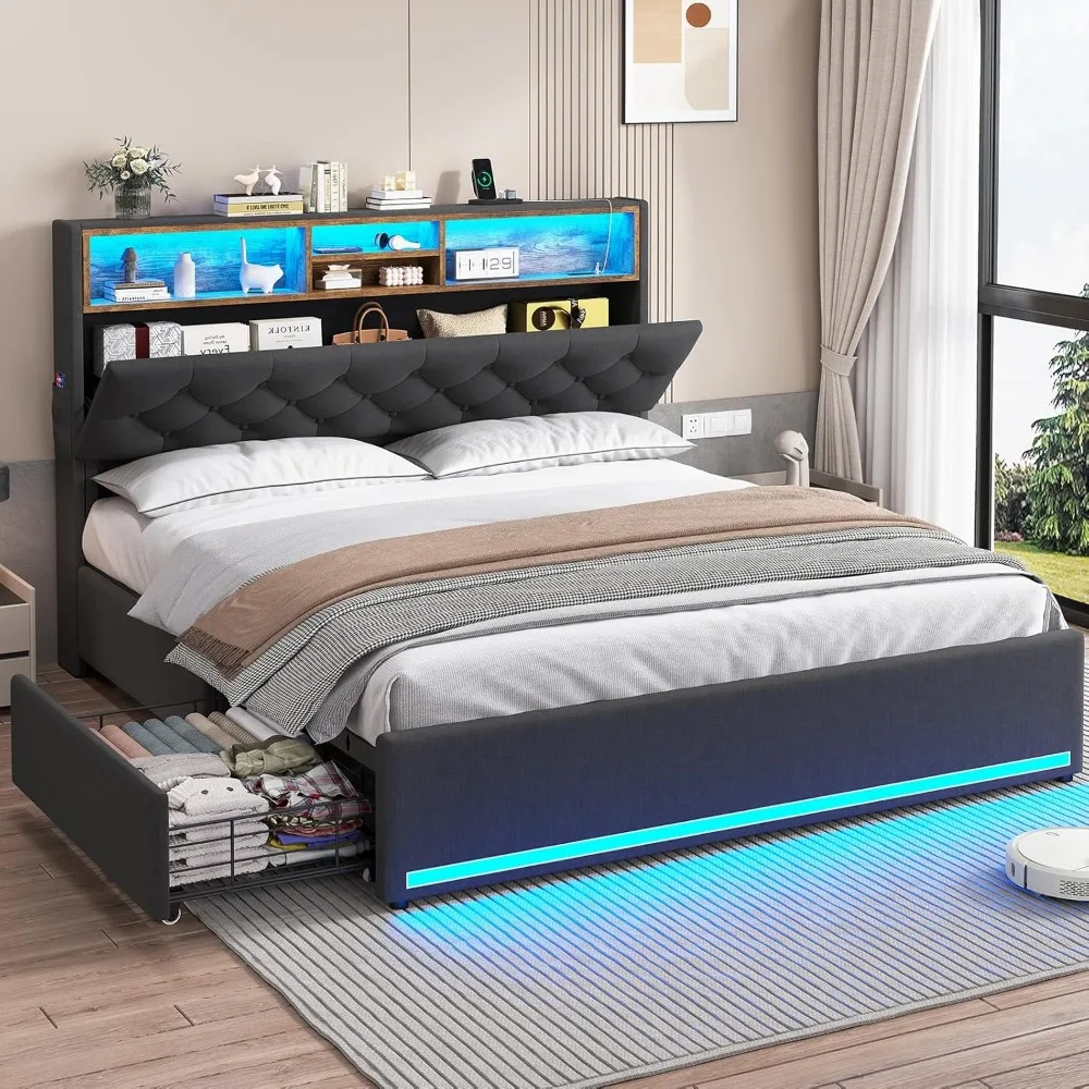 

Queen Bed Frame with Hidden Storage Headboard and 4 Drawers, Upholstered Platform Bed Frme Queen Size with LED Lights & Charging