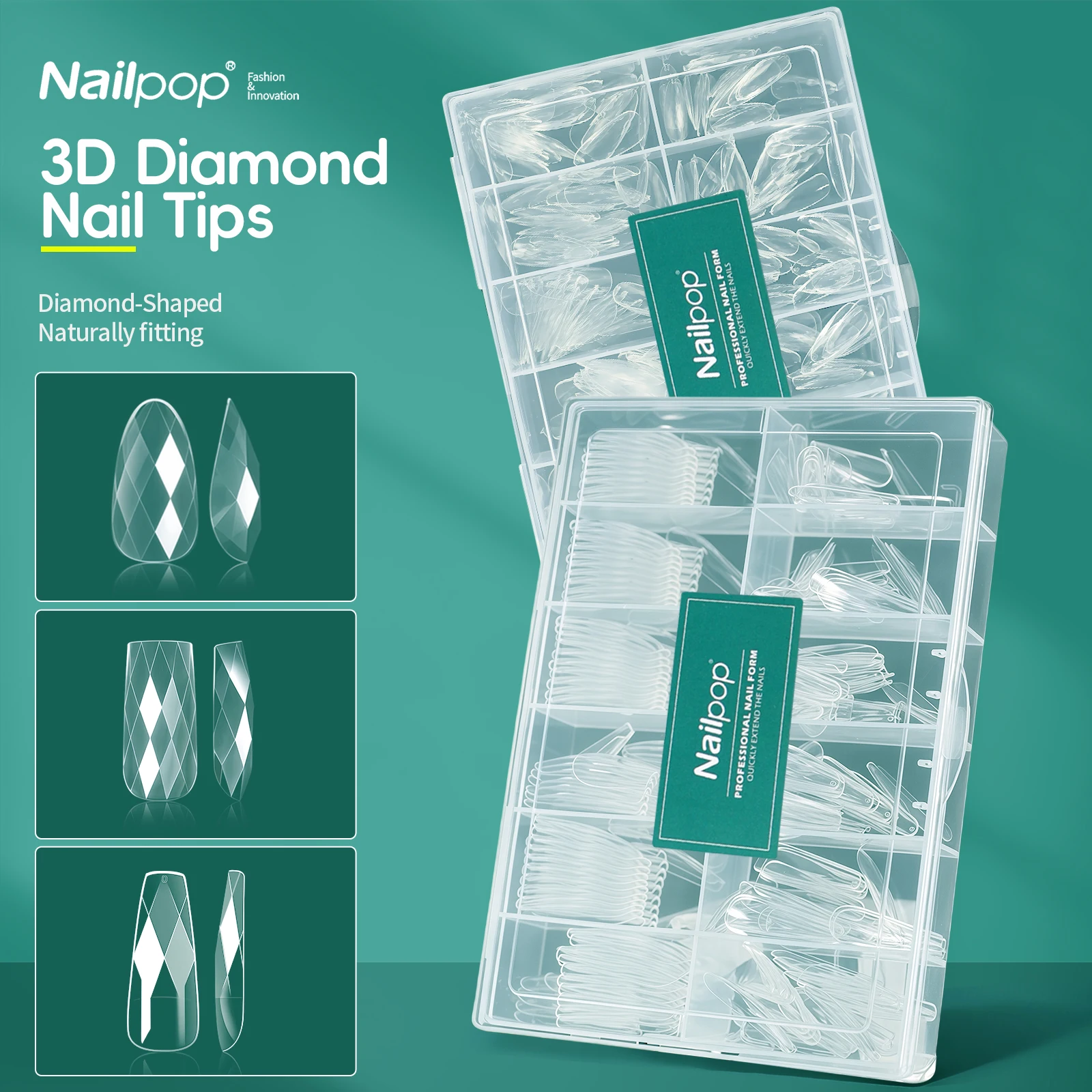 

NAILPOP 240pcs 3D Diamond False Nail Tips Square Almond Coffin Nail Extension Tips Natural Clear Full Cover Nails for Manicure