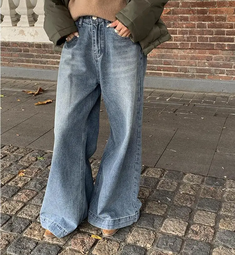 Denim Wide Leg Pants High Waist Loose Fit Women Vintage Jeans Pockets Distressed Trousers  Autumn Casual Floor Length Jean