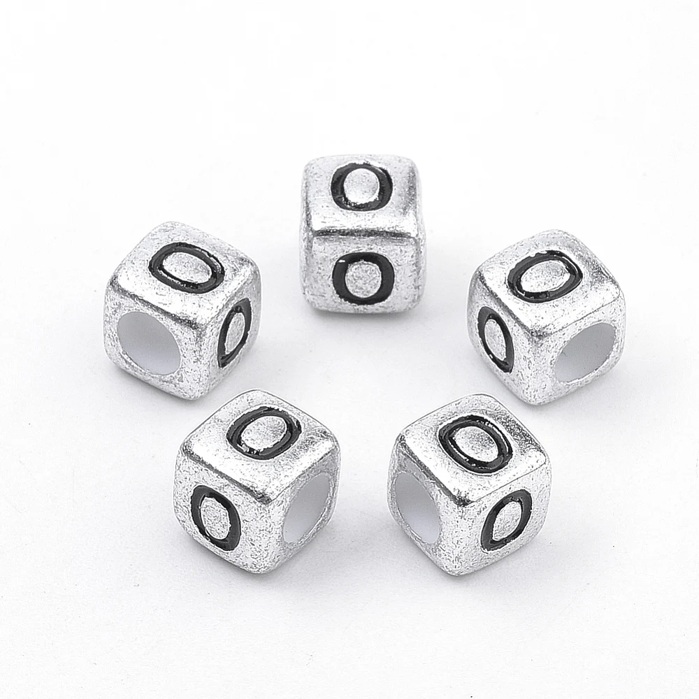 500g Plated Acrylic Beads Horizontal Hole Cube with Letter Antique Silver Letter.O 6mm Hole: 3mm about 3000pcs/500g