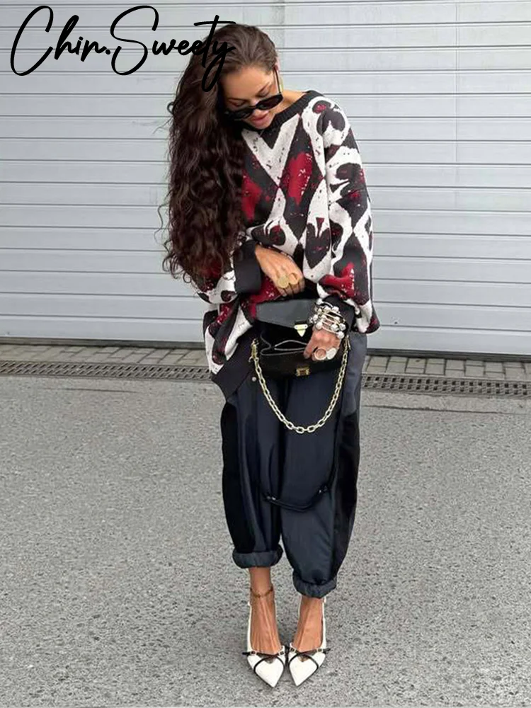 

Повседневный вязаный женский пуловер с принтом, элегантный женский вязаный свитер с круглым вырезом и длинными рукавами-фонариками в стиле пэчворк, осень 202, шикарный женский свитер