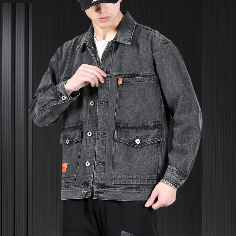 

Autumn Winter Denim Jaet Men's Casual Wear-Resistant Loose Large Size Workwear Top Faionable Youth Long Sve Color