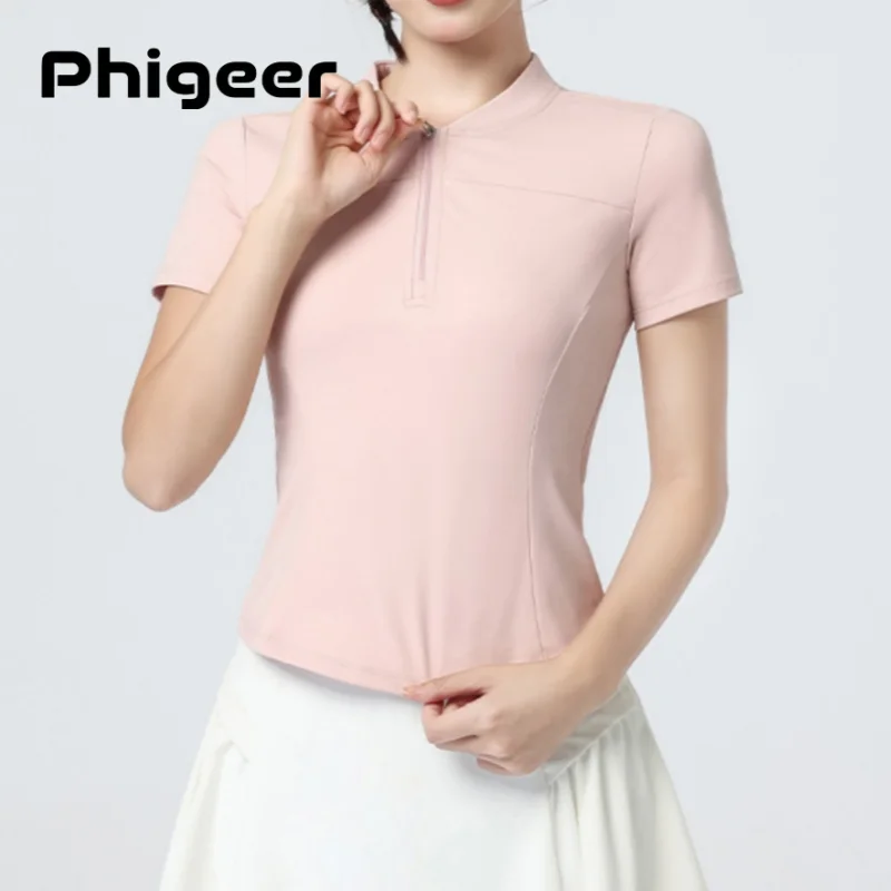 

PHIGEER short sleeve golf shirt for woman upf 50+ sun protection quick dry workout Top quarter zip sports pullover for gym yoga