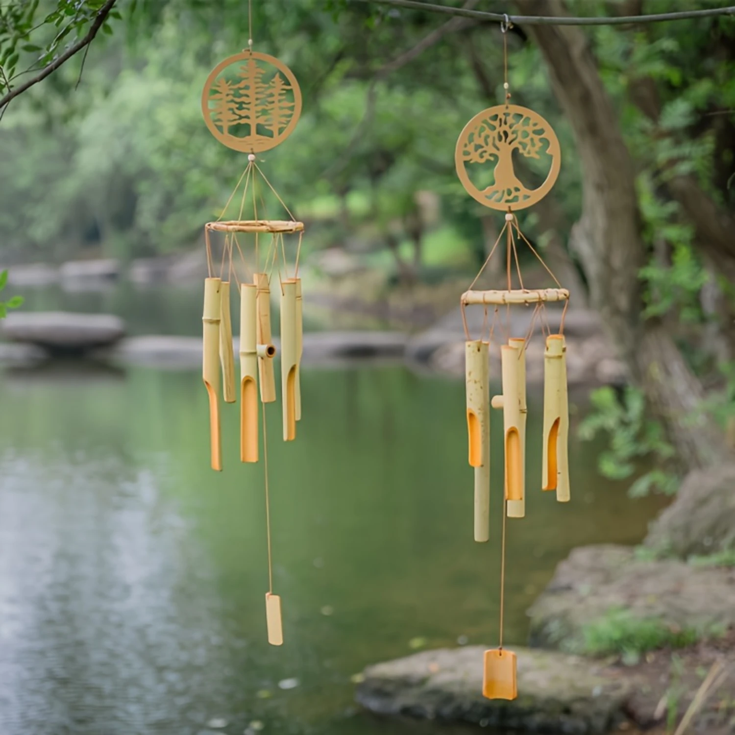 

1pc Handcrafted Bamboo Wind Chimes for & Garden Decor - Natural Wooden Wind Bell, No Electricity Needed, Battery-Free Outdoor/I