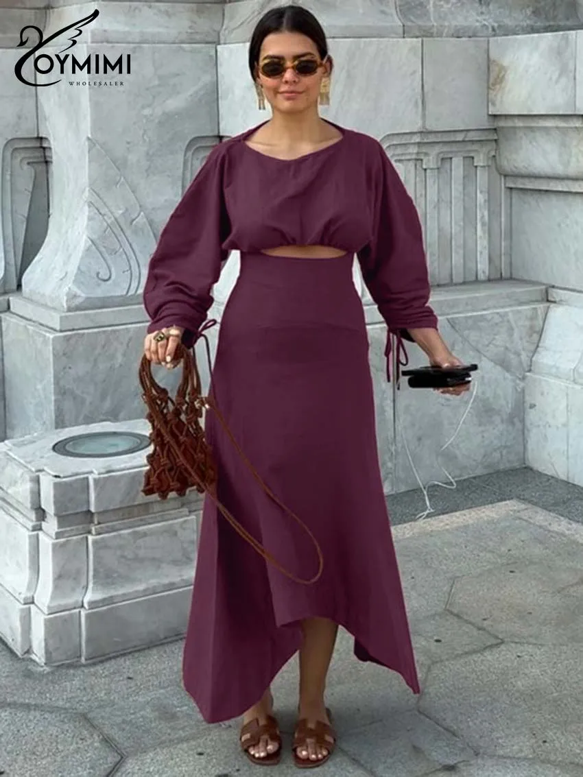

Oymimi Fashion Purplish Red Cotton Womens Dresses Elegant O-Neck Long Sleeve Hollow Out Dress Casual New Loose Irregular Dress