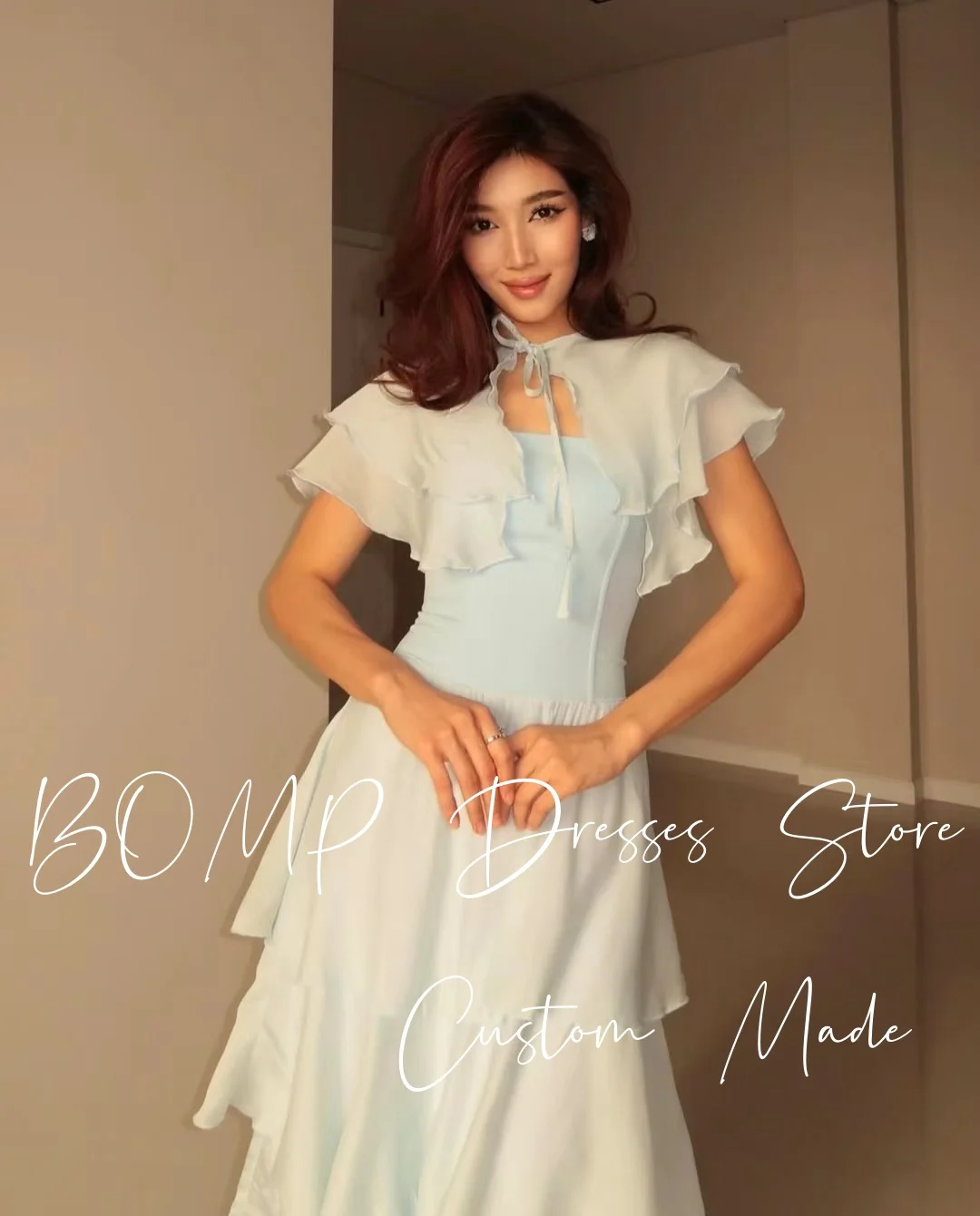 BOMP – robe de soirée de mariage bleue élégante, col rond, manches courtes, multicouches, longueur au sol, en mousseline de soie, personnalisée, Simple