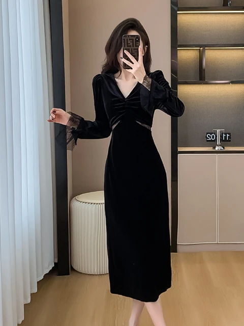 女性用ベルベットタイトドレス,長袖,スリム,黒,カジュアル,イブニング  