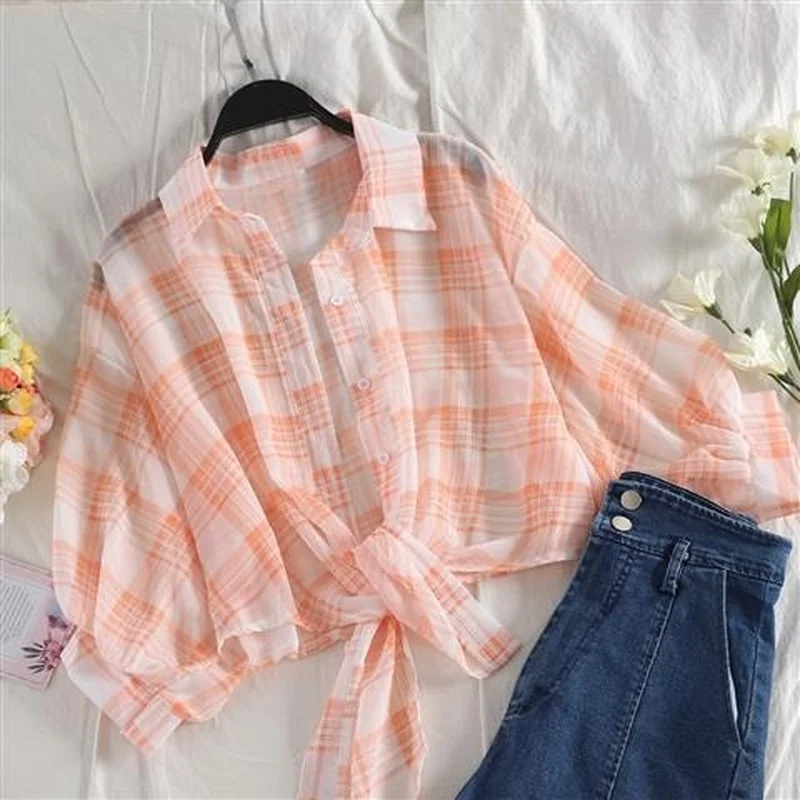 Shirts Women All-match Plaid Breathable Cozy Fashion Cropped Turn-down Collar Elegant Summer New Korean Style Female Casual Ins