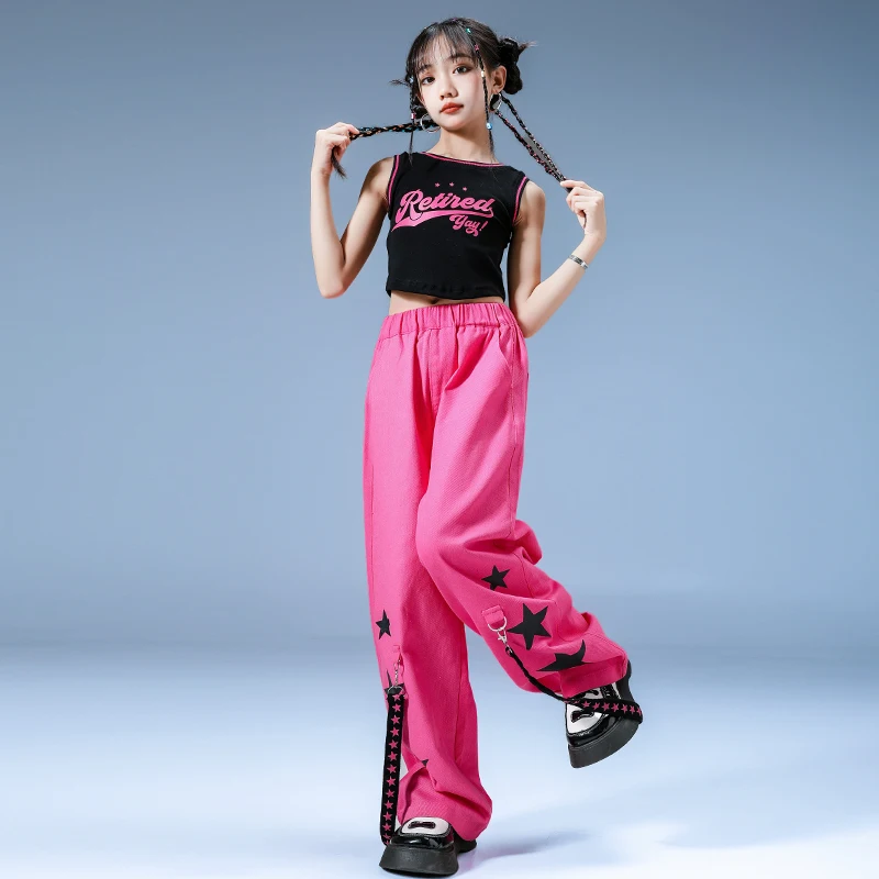 Hip Hop Girls Crop Tops Loose Cargo Pants Children Tank Tops Cool Streetwear Clothes Sets Kids Street Dance Jazz Stage Costume