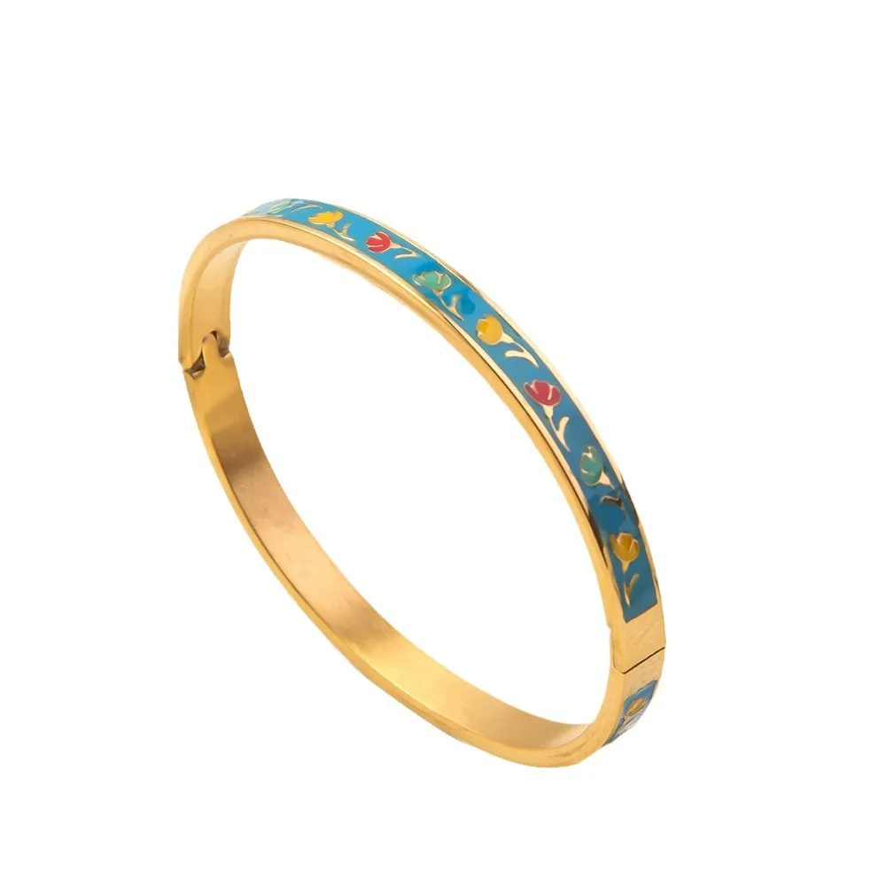 سوار المينا الصيني الأنيق من الفولاذ المقاوم للصدأ مقاوم للماء على شكل زهرة عرقية سوار يد نسائي تقليدي كلاسيكي