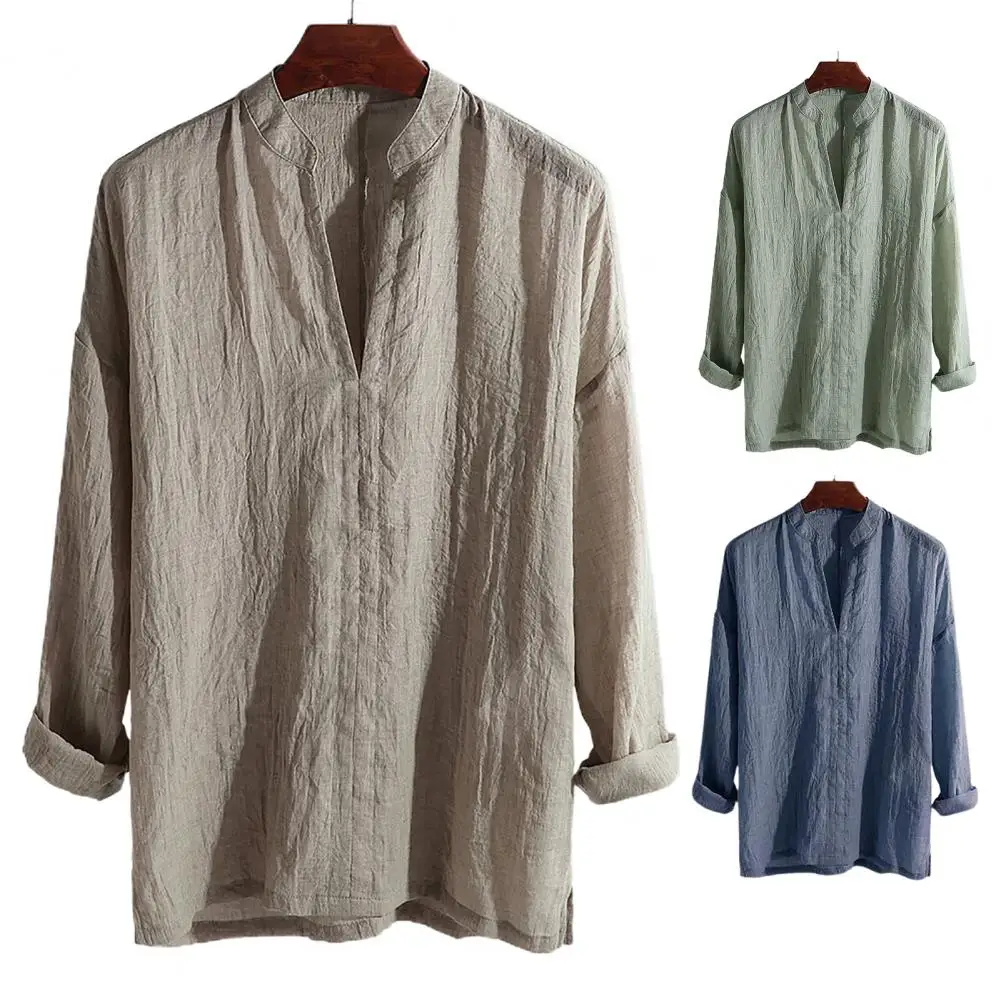 Fashion  Long Sleeve Shirt Skin-friendly Men Linen Long Sleeve Shirt Solid Color Top Casual Shirt for Beach