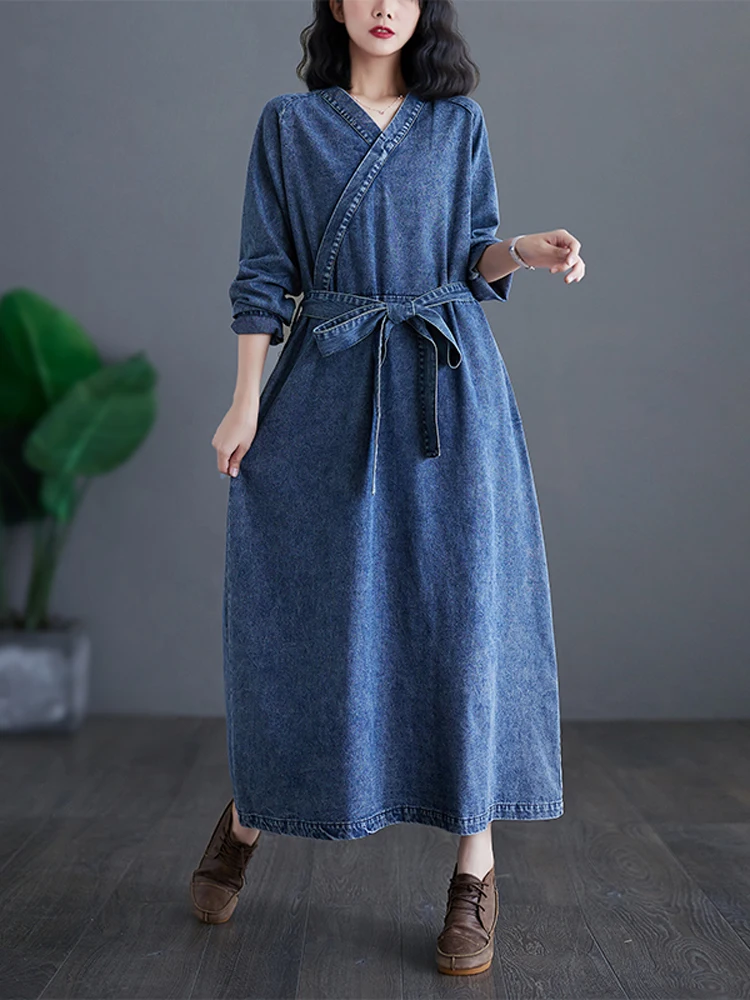 NYFS 2025 ربيع الخريف جديد خمر النساء فساتين من قماش الدنيم Vestidos رداء Elbise فضفاض حجم كبير كم طويل موضة فستان طويل