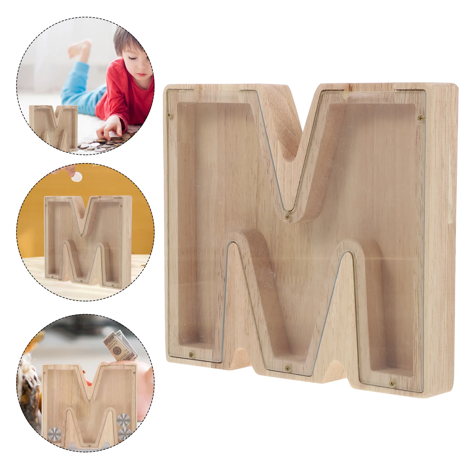 حصالة على شكل خنزير خشبي للأطفال على شكل أبجدي نافذة شفافة لتوفير العملات المعدنية وعاء تغيير صندوق الخنزير الخشبي