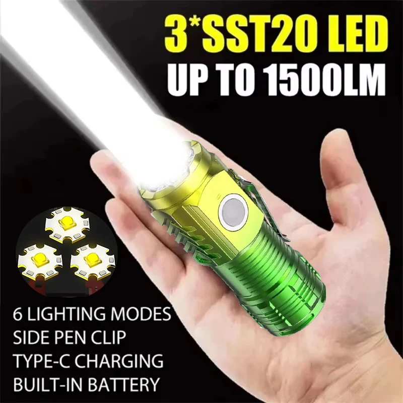 Three-eye Mini LED Flashlight with Clip Type-C Rechargeable Magnetic Torch Outdoor Portable Waterproof Light for Camping Hiking