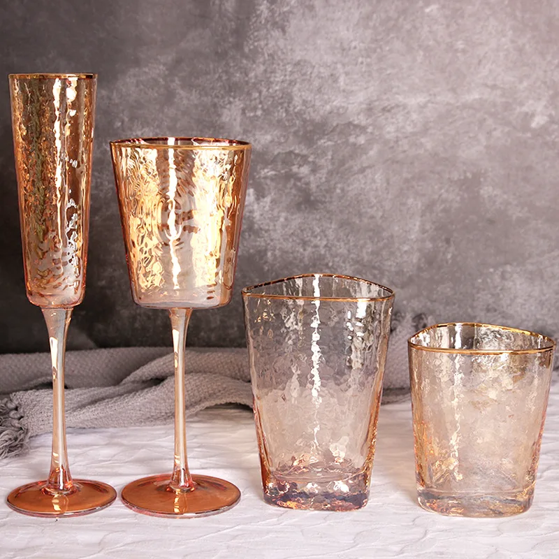 

Amber Hammer pattern Pattern Gold Rim Crystal Glass Red Wine Glass Champagne Glasses Juice Glasses European Style Wine Glasses