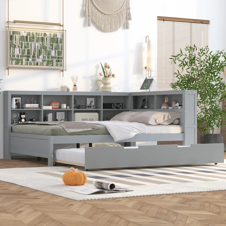 

Wooden Full Size DayBed with Twin Size Trundle DayBed with Storage Shelf and USB Charging Ports Grey