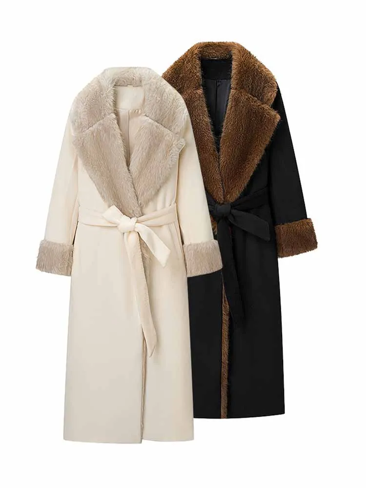 HH Woman Winter Fashion Casual Long Sleeves Solid Color Faux Fur Collar Lace-Up Decoration Loose Commuting Versatile Long Coat