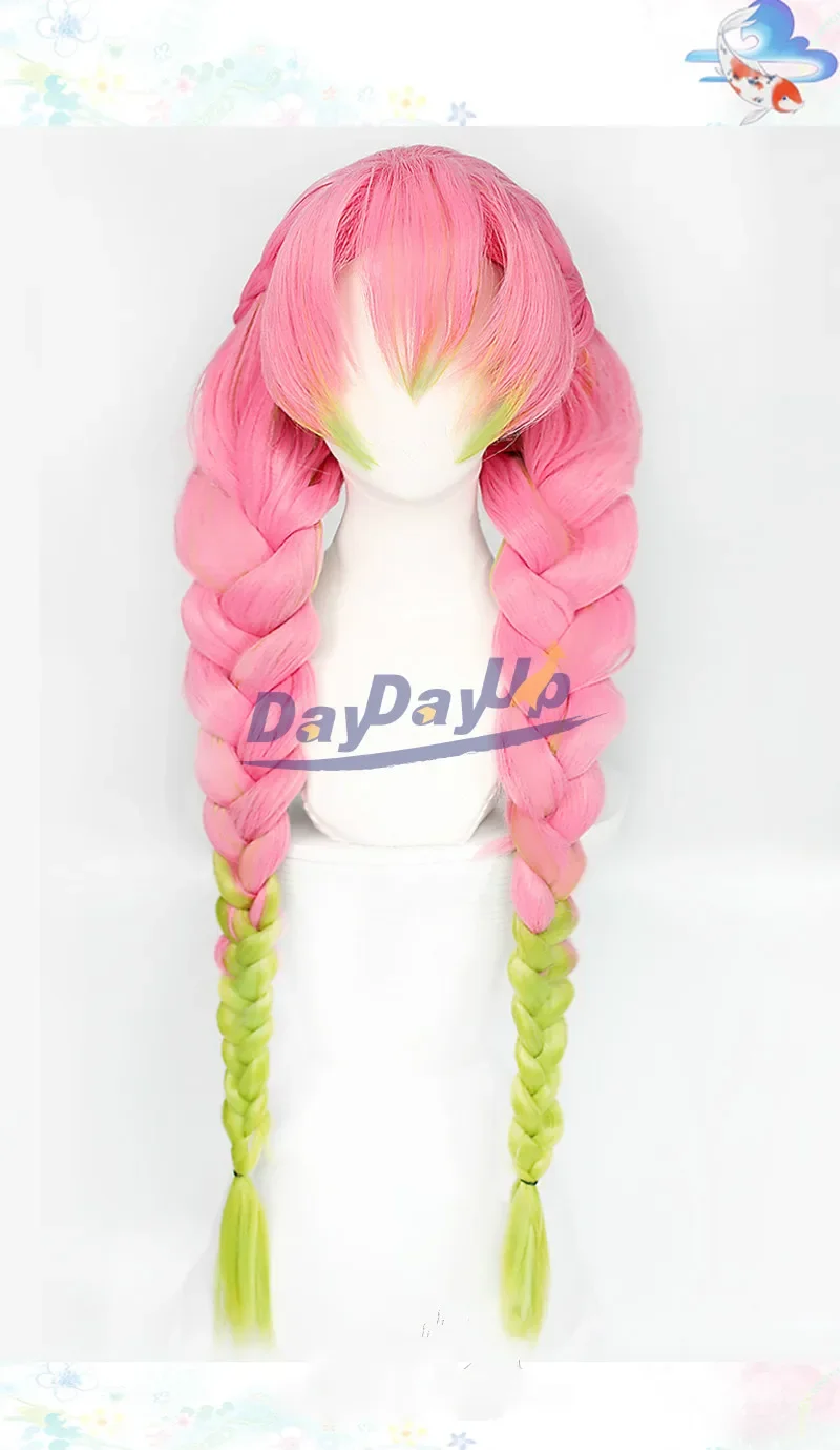 Kanroji Mitsuri Wig Kimetsu No Yaiba Cosplay Costume Pink Green Braided Wigs Synthetic Hair Halloween Party Carnival + Wig Cap